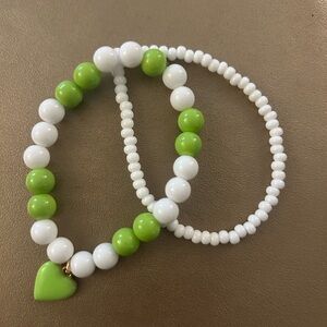 Green and White Beaded Heart Bracelet Set
